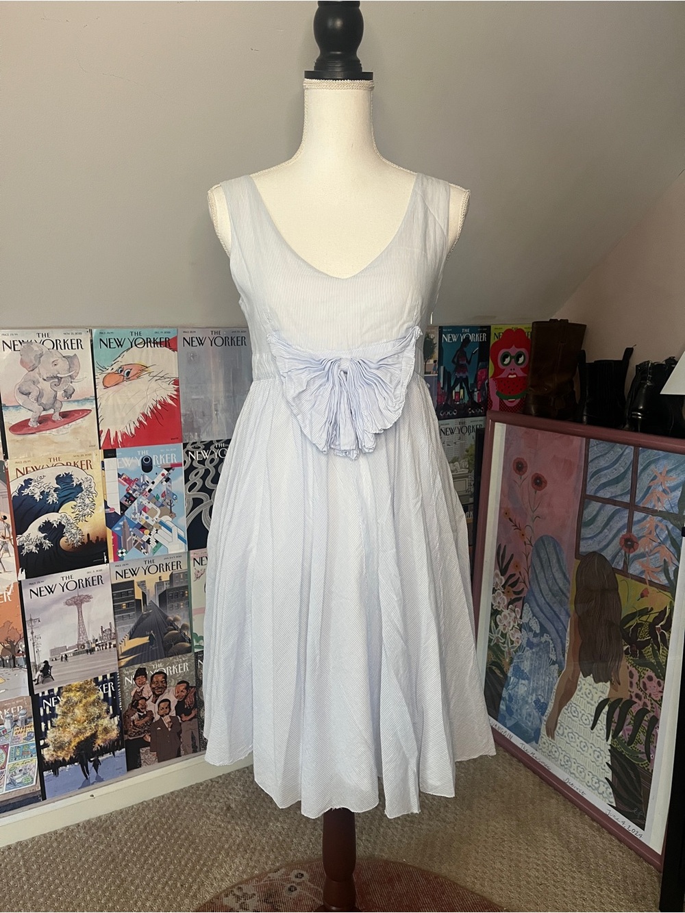 Pepe Jeans 100% Cotton Pale Blue Pin Stripe Sleeveless Midi Dress with Waist Bow